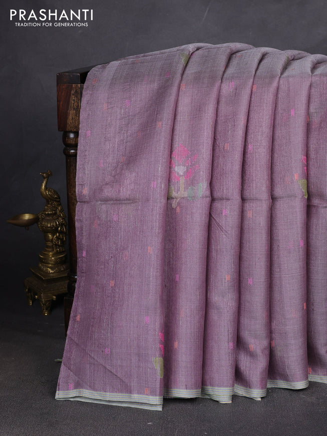 Pure Tussar silk saree pastel lavender with allover jamdhani weaves and piping border