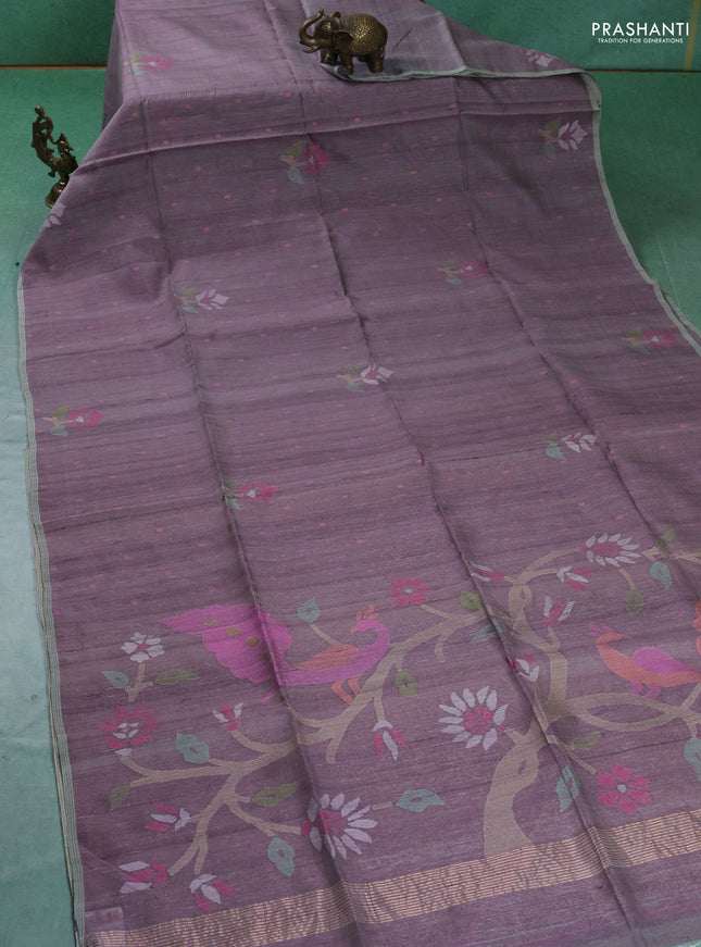 Pure Tussar silk saree pastel lavender with allover jamdhani weaves and piping border