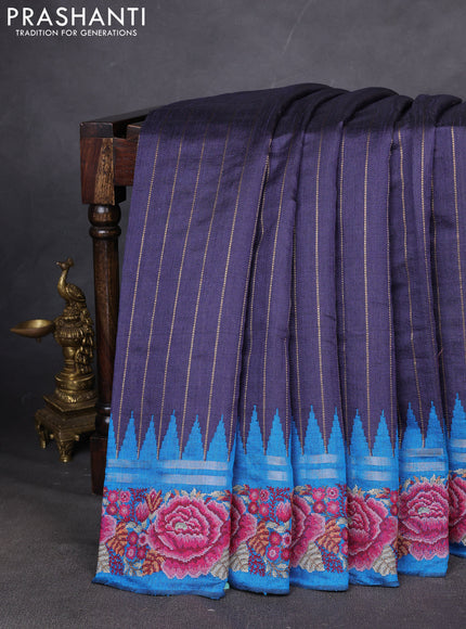 Pure dupion silk saree grey and cs blue with allover zari weaves and temple design embroided border