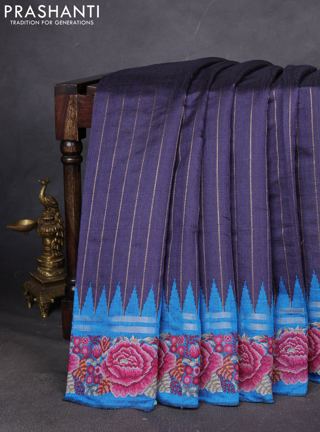 Pure dupion silk saree grey and cs blue with allover zari weaves and temple design embroided border