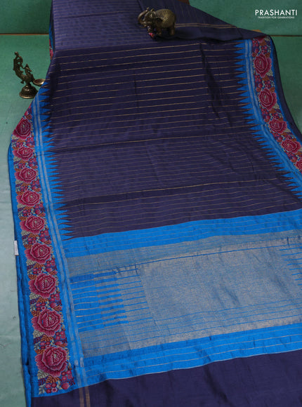 Pure dupion silk saree grey and cs blue with allover zari weaves and temple design embroided border