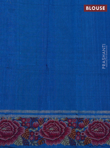 Pure dupion silk saree grey and cs blue with allover zari weaves and temple design embroided border