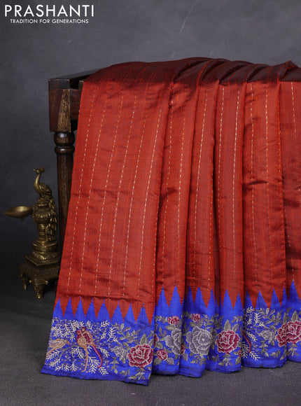 Pure dupion silk saree orange and blue with allover zari weaves and temple design embroided border