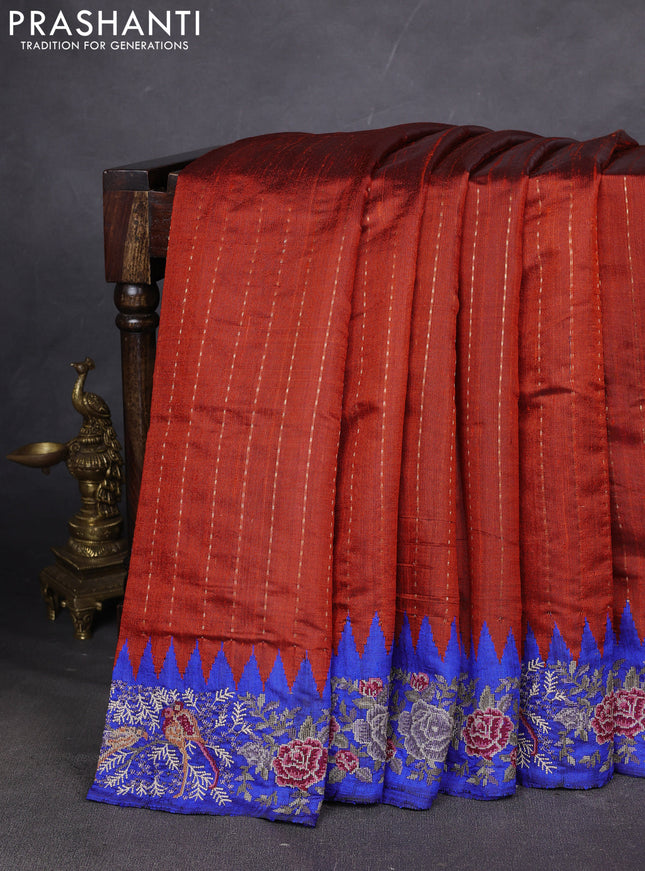 Pure dupion silk saree orange and blue with allover zari weaves and temple design embroided border