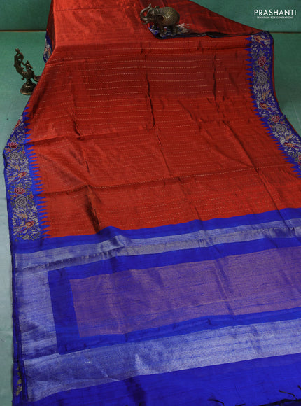 Pure dupion silk saree orange and blue with allover zari weaves and temple design embroided border