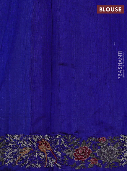 Pure dupion silk saree orange and blue with allover zari weaves and temple design embroided border