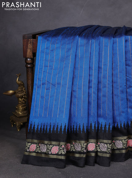 Pure dupion silk saree cs blue and black with allover zari weaves and temple design embroided border