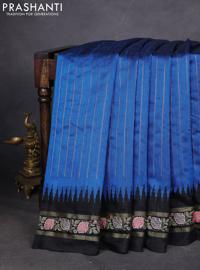 Pure dupion silk saree cs blue and black with allover zari weaves and temple design embroided border