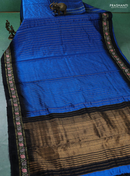 Pure dupion silk saree cs blue and black with allover zari weaves and temple design embroided border