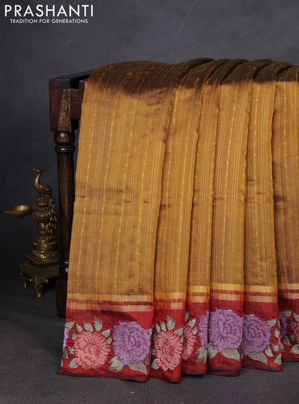 Pure dupion silk saree mustard yellow and maroon with allover zari weaves and zari woven embroidery border