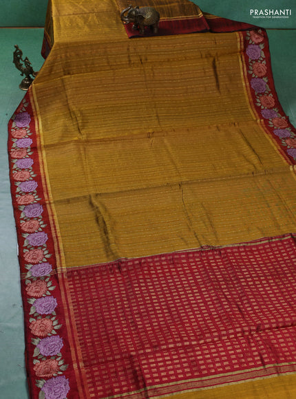Pure dupion silk saree mustard yellow and maroon with allover zari weaves and zari woven embroidery border