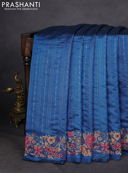 Pure dupion silk saree cs blue with allover zari weaves and zari woven embroidery border
