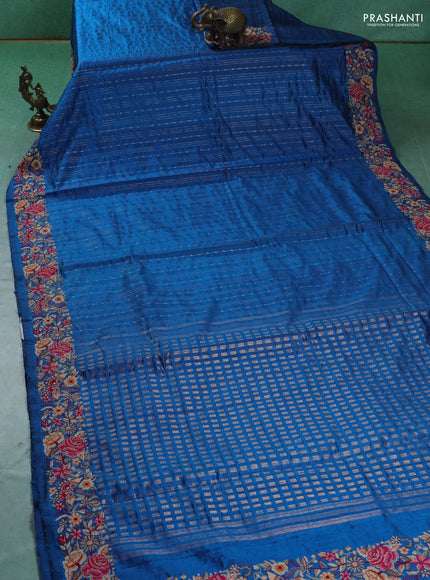 Pure dupion silk saree cs blue with allover zari weaves and zari woven embroidery border