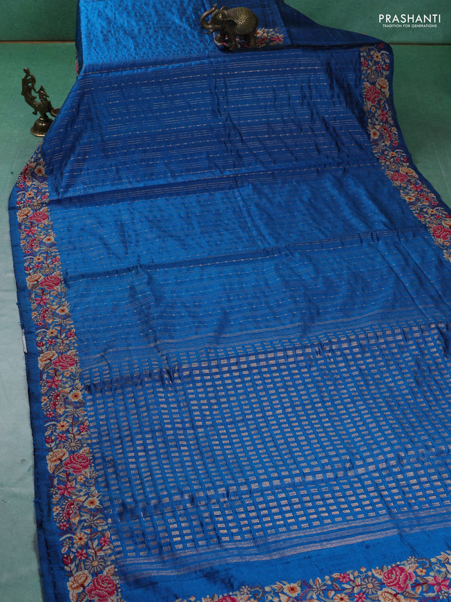 Pure dupion silk saree cs blue with allover zari weaves and zari woven embroidery border