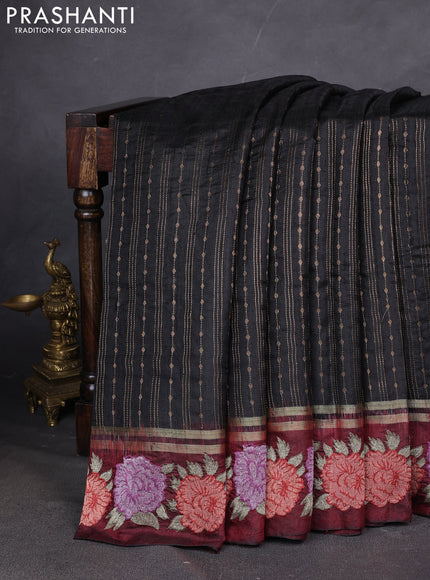 Pure dupion silk saree black and deep maroon with allover zari weaves and zari woven embroidery border