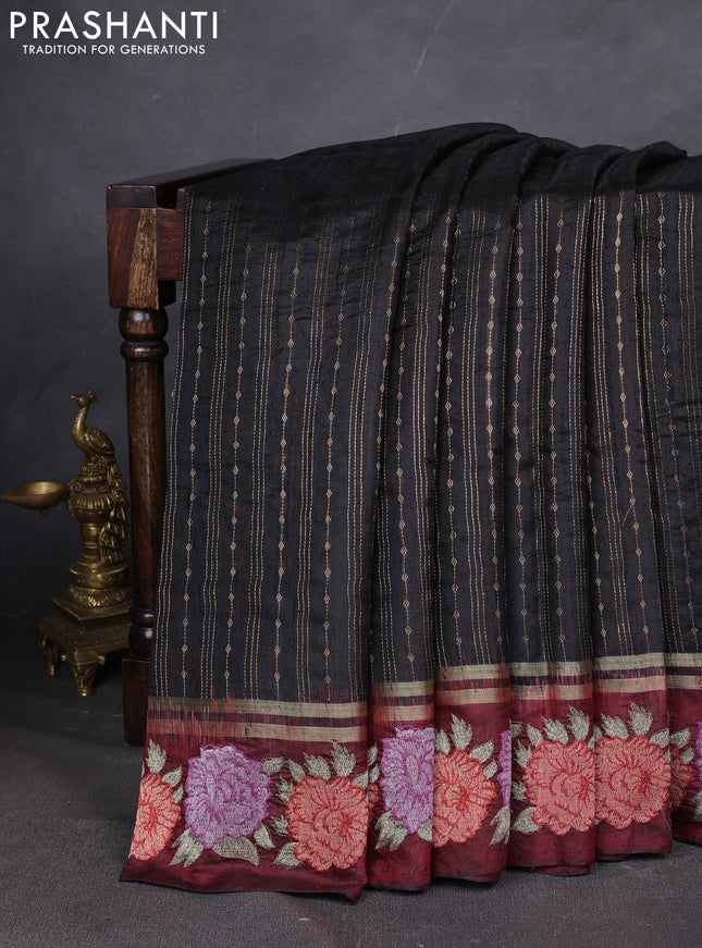 Pure dupion silk saree black and deep maroon with allover zari weaves and zari woven embroidery border