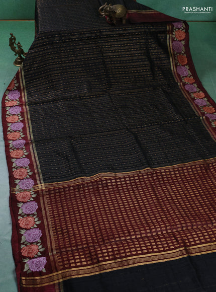 Pure dupion silk saree black and deep maroon with allover zari weaves and zari woven embroidery border