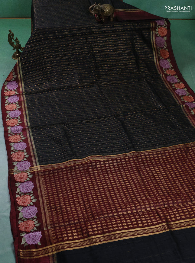 Pure dupion silk saree black and deep maroon with allover zari weaves and zari woven embroidery border