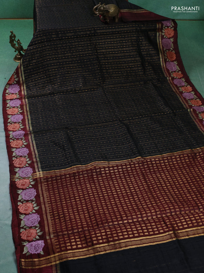 Pure dupion silk saree black and deep maroon with allover zari weaves and zari woven embroidery border