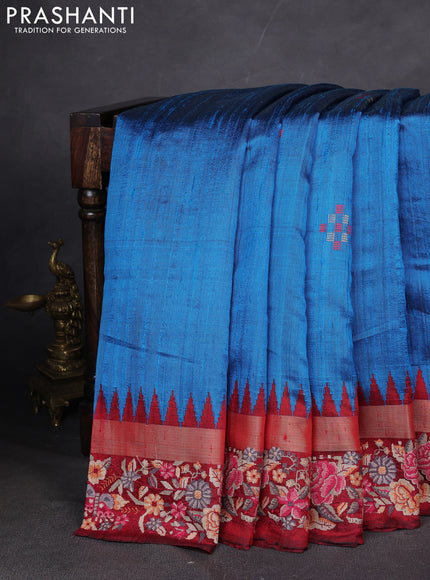 Pure dupion silk saree cs blue and maroon with plain body and zari woven embroidery border