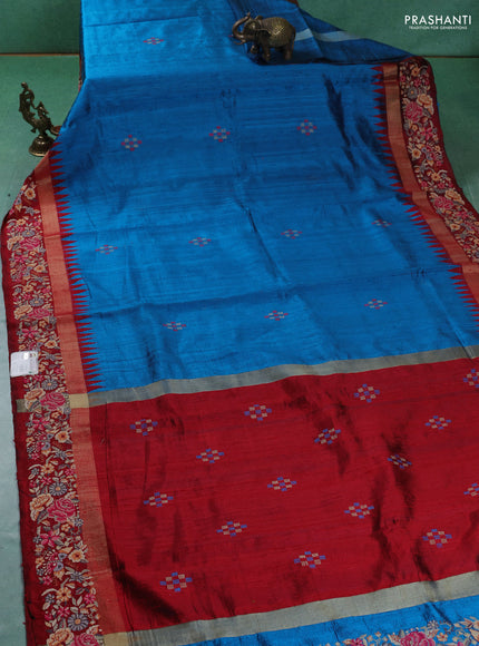 Pure dupion silk saree cs blue and maroon with plain body and zari woven embroidery border