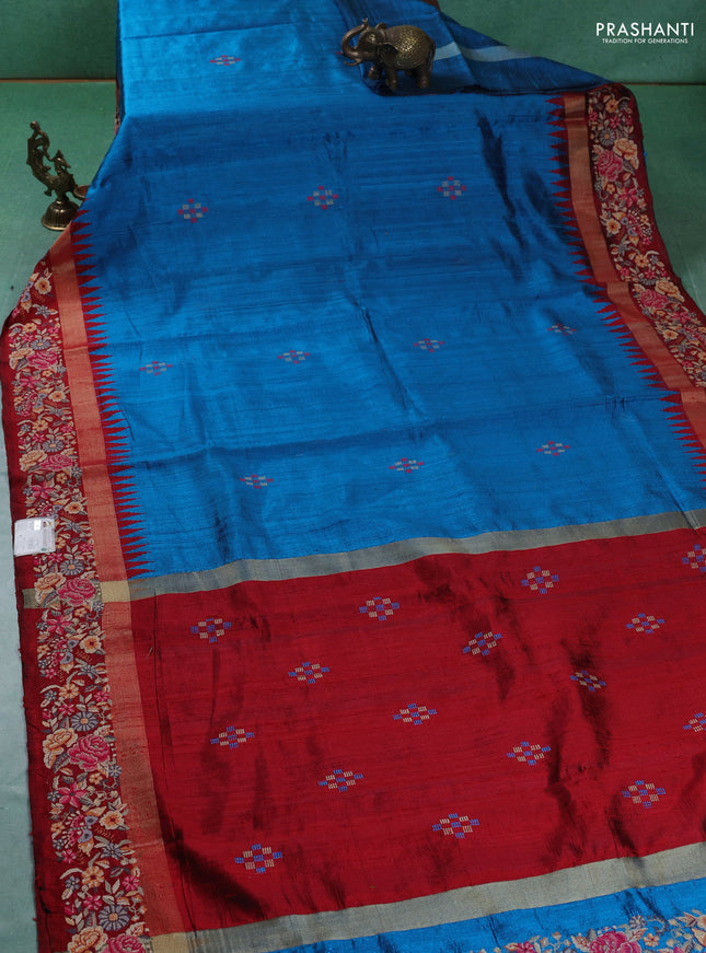 Pure dupion silk saree cs blue and maroon with plain body and zari woven embroidery border