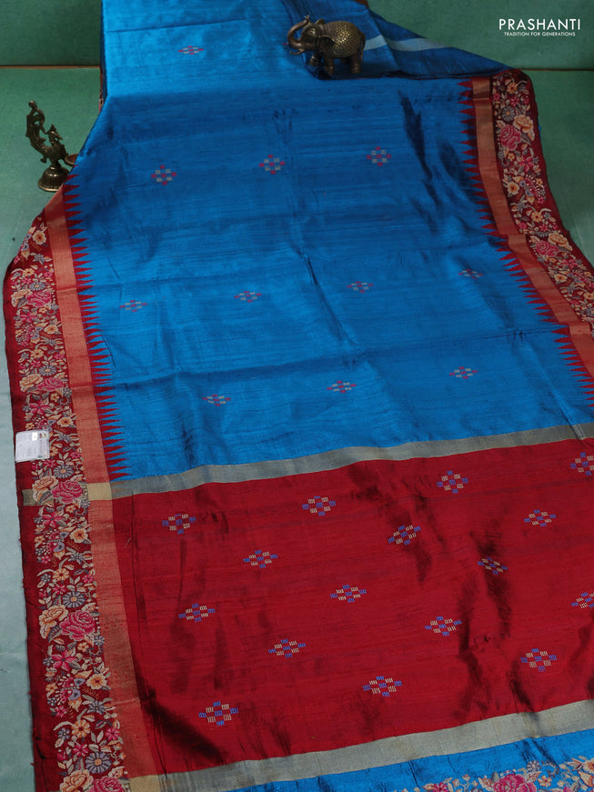 Pure dupion silk saree cs blue and maroon with plain body and zari woven embroidery border