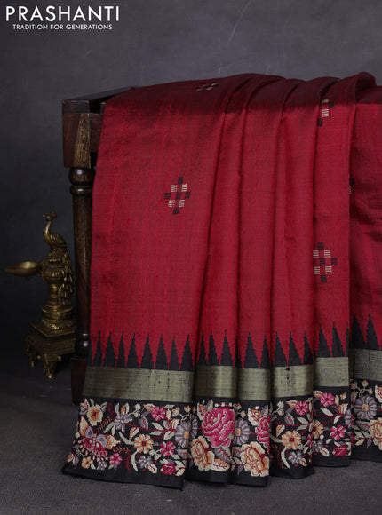 Pure dupion silk saree maroon and black with plain body and zari woven embroidery border