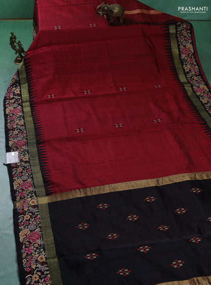 Pure dupion silk saree maroon and black with plain body and zari woven embroidery border