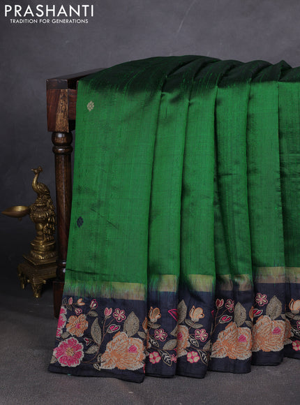 Pure dupion silk saree green and black with plain body and zari woven embroidery border