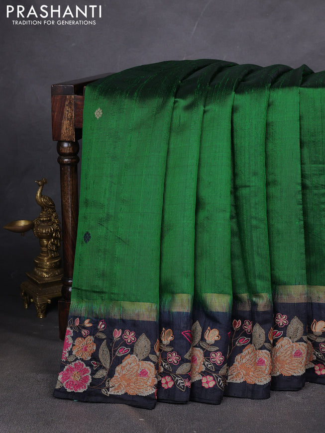 Pure dupion silk saree green and black with plain body and zari woven embroidery border