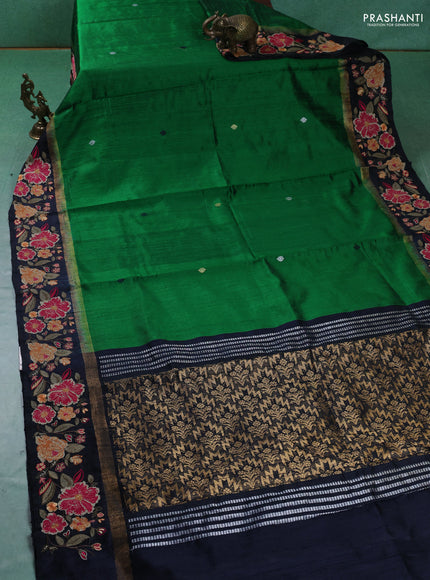 Pure dupion silk saree green and black with plain body and zari woven embroidery border