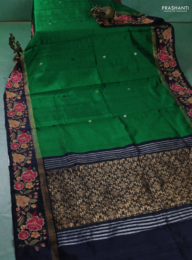 Pure dupion silk saree green and black with plain body and zari woven embroidery border