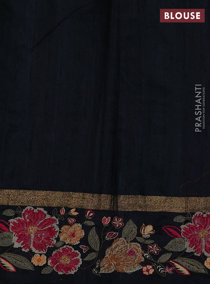 Pure dupion silk saree green and black with plain body and zari woven embroidery border