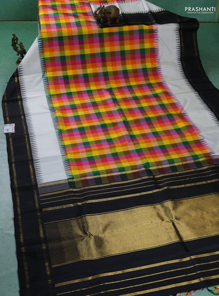 Pure kanchipuram silk saree multi colour and black with allover paalum pazhmum checks and rettapet zari woven border