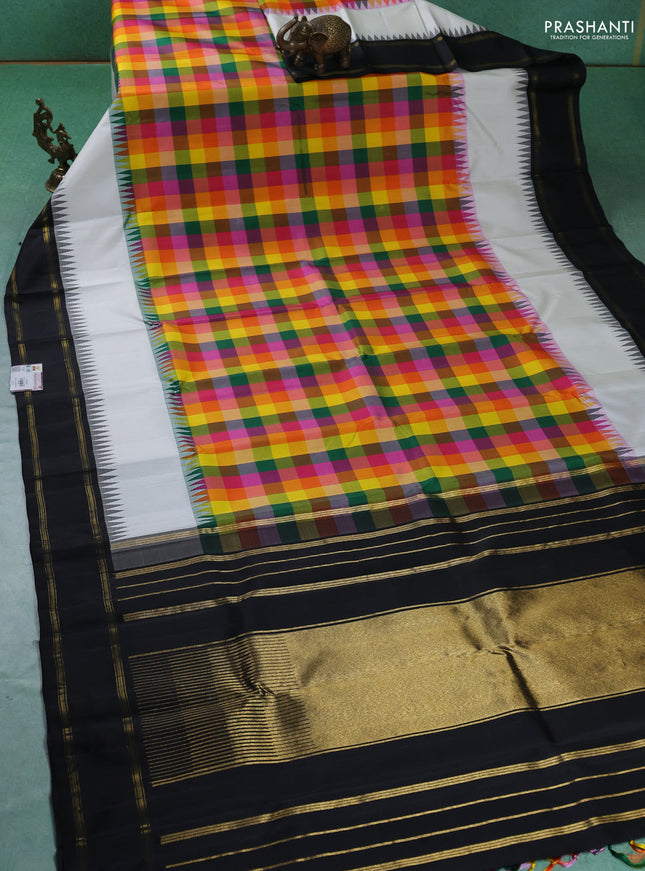 Pure kanchipuram silk saree multi colour and black with allover paalum pazhmum checks and rettapet zari woven border