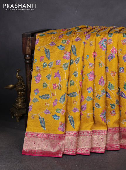 Crepe silk ssaree mustard yellow and pink with allover mina weaves & pita work and zari woven border