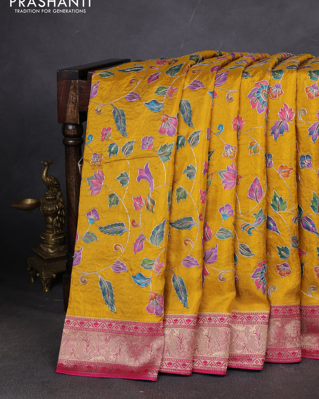 Crepe silk ssaree mustard yellow and pink with allover mina weaves & pita work and zari woven border