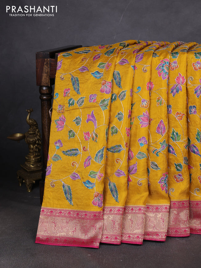 Crepe silk ssaree mustard yellow and pink with allover mina weaves & pita work and zari woven border