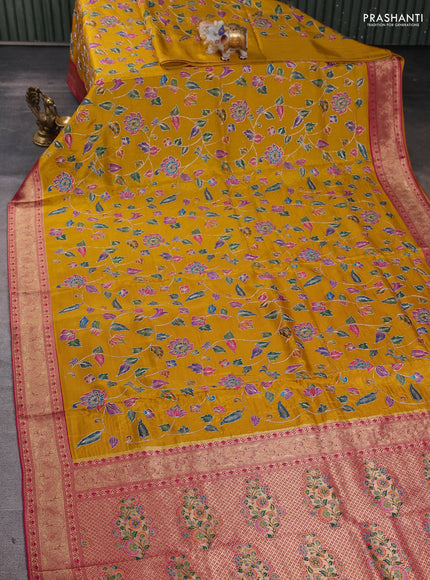 Crepe silk ssaree mustard yellow and pink with allover mina weaves & pita work and zari woven border