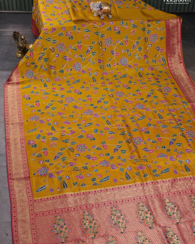 Crepe silk ssaree mustard yellow and pink with allover mina weaves & pita work and zari woven border