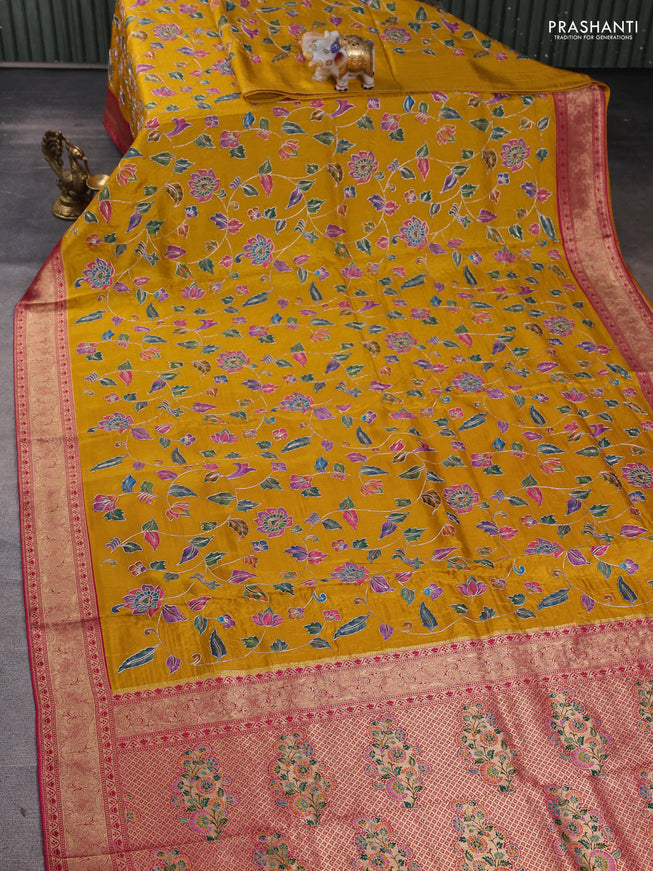 Crepe silk ssaree mustard yellow and pink with allover mina weaves & pita work and zari woven border
