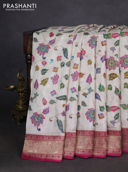 Crepe silk ssaree cream and pink with allover mina weaves & pita work and zari woven border