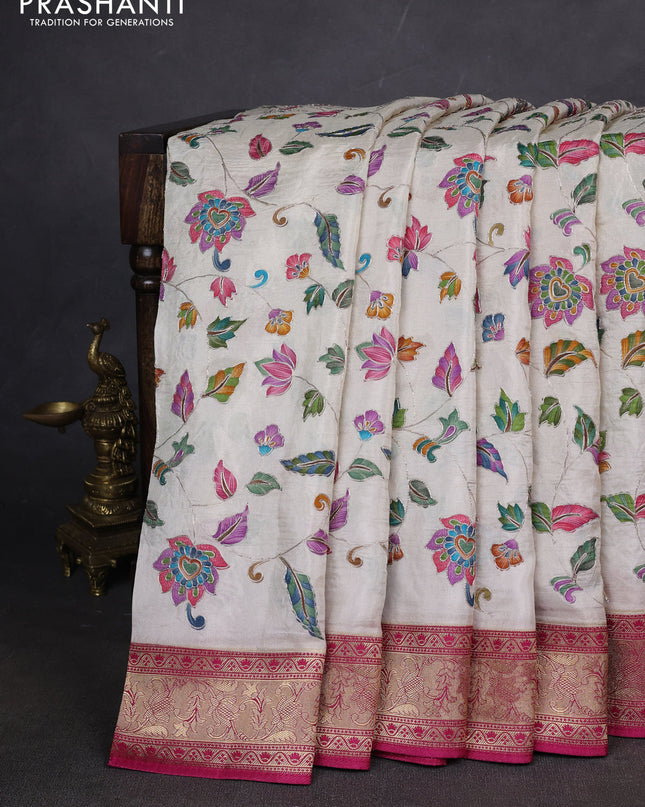 Crepe silk ssaree cream and pink with allover mina weaves & pita work and zari woven border