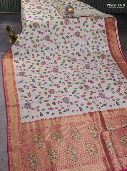 Crepe silk ssaree cream and pink with allover mina weaves & pita work and zari woven border