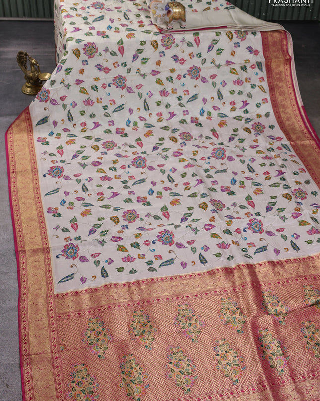 Crepe silk ssaree cream and pink with allover mina weaves & pita work and zari woven border