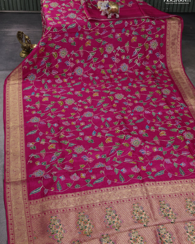 Crepe silk ssaree pink with allover mina weaves & pita work and zari woven border