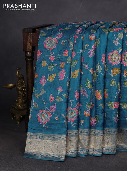Crepe silk ssaree cs blue with allover mina weaves & pita work and zari woven border