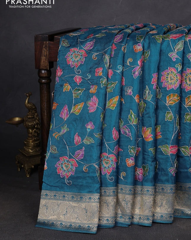 Crepe silk ssaree cs blue with allover mina weaves & pita work and zari woven border