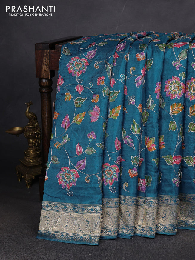 Crepe silk ssaree cs blue with allover mina weaves & pita work and zari woven border